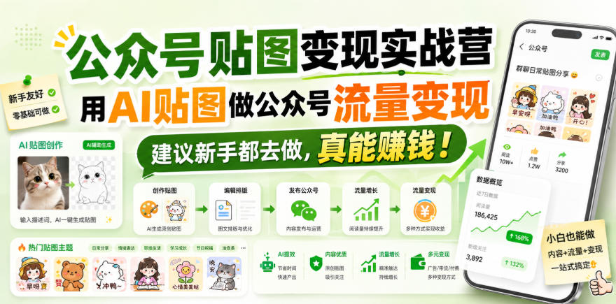 公众号贴图变现实战营，用AI贴图做公众号流量变现，建议新手都去做，真能賺钱！-HFXZHAN网创