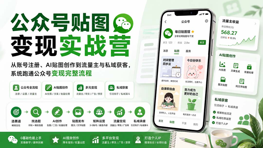 公众号贴图变现实战营：从账号注册、AI贴图创作到流量主与私域获客，系统跑通公众号变现完整流程-HFXZHAN网创