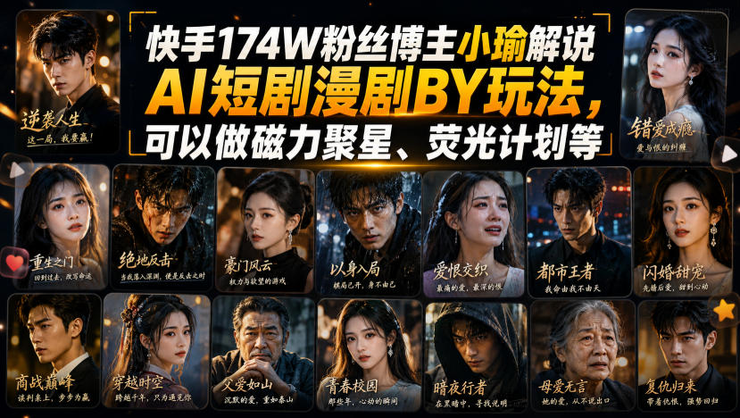 快手174W粉丝博主小瑜解说AI短剧漫剧搬运玩法，可以做磁力聚星、荧光计划等-HFXZHAN网创
