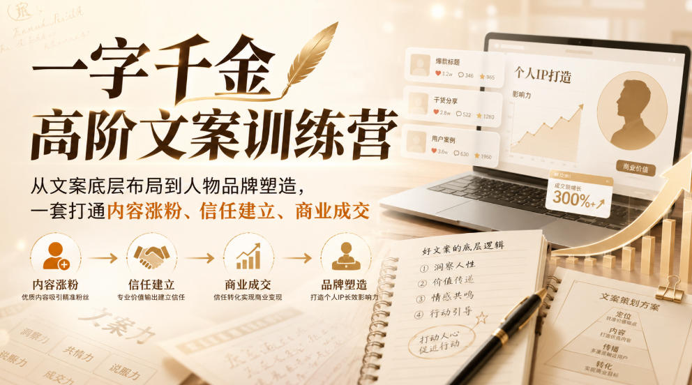 一字千金高阶文案训练营，从文案底层布局到人物品牌塑造，一套打通内容涨粉、信任建立、商业成交-HFXZHAN网创