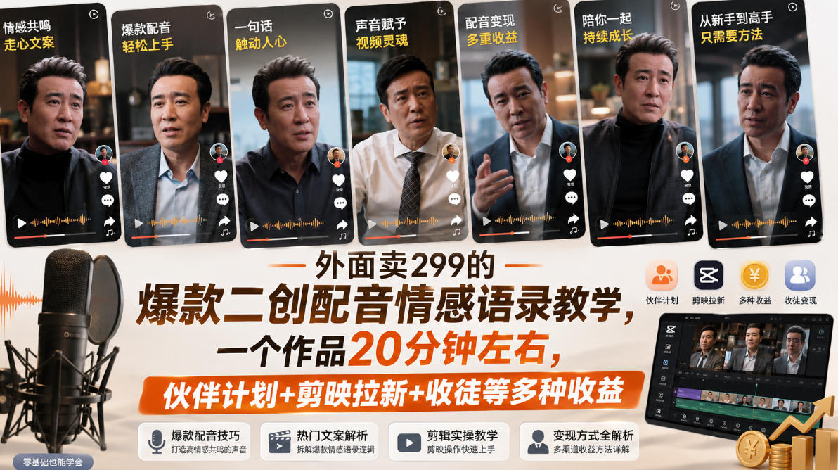 外面卖299的爆款二创配音情感语录教学，一个作品20分钟左右，伙伴计划+剪映拉新+收徒等多种收益-HFXZHAN网创