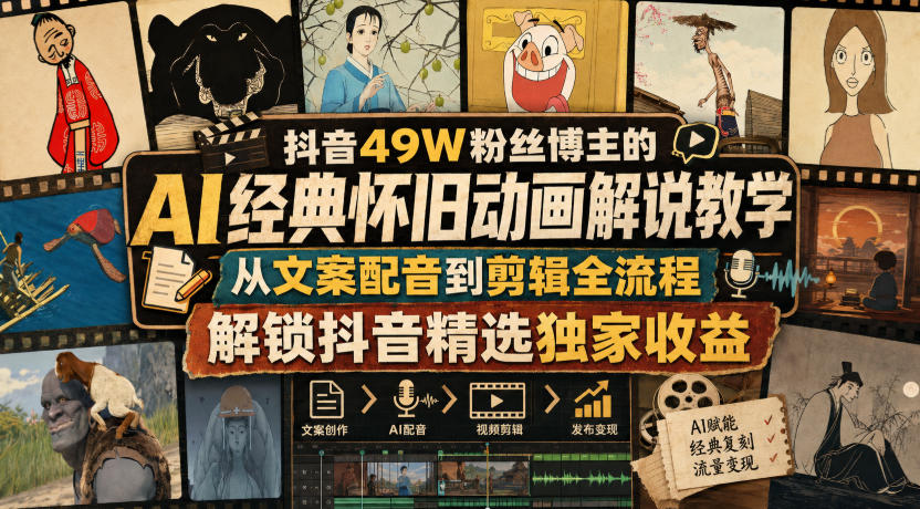 抖音49W粉丝博主的AI经典怀旧动画解说教学，从文案配音到剪辑全流程，解锁抖音精选独家收益-HFXZHAN网创