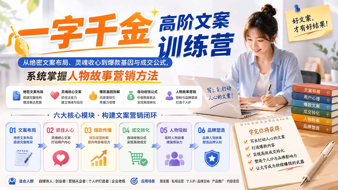 一字千金高阶文案训练营：从绝密文案布局、灵魂收心到爆款基因与成交公式，系统掌握人物故事营销方法-HFXZHAN网创