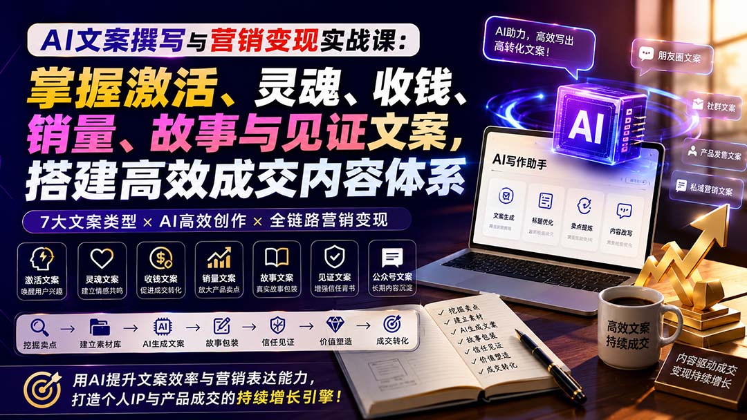 AI文案撰写与营销变现实战课：掌握激活、灵魂、收钱、销量、故事与见证文案，搭建高效成交内容体系-HFXZHAN网创