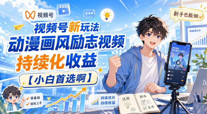 视频号新玩法动漫画风励志视频，持续化收益【小白首选啊】-HFXZHAN网创