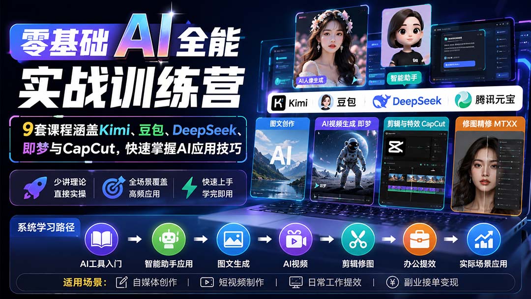 零基础AI全能实战训练营：9套课程涵盖Kimi、豆包、DeepSeek、即梦与CapCut，快速掌握AI应用技巧-HFXZHAN网创