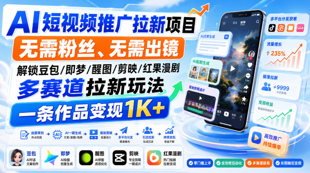 AI短视频推广拉新项目，无需粉丝、无需出镜，解锁豆包/即梦/醒图/剪映/红果漫剧多赛道拉新玩法，一条作品变现1K+-HFXZHAN网创