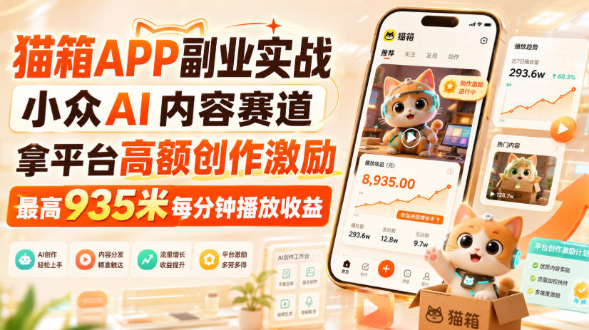 猫箱APP副业实战，小众AI内容赛道，拿平台高额创作激励，最高935米每分钟播放收益-HFXZHAN网创