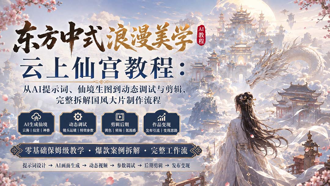 东方中式浪漫美学云上仙宫教程：从AI提示词、仙境生图到动态调试与剪辑，完整拆解国风大片制作流程-HFXZHAN网创
