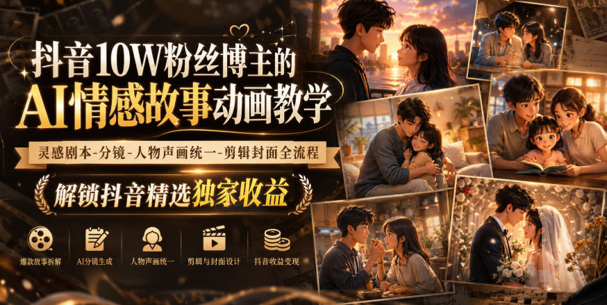 抖音10W粉丝博主的AI情感故事动画教学，灵感剧本‑分镜‑人物声画统一‑剪辑封面全流程，解锁抖音精选独家收益-HFXZHAN网创