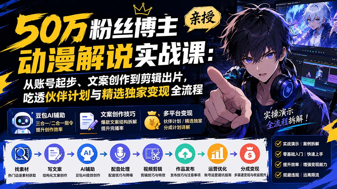 50万粉丝博主亲授动漫解说实战课：从账号起步、文案创作到剪辑出片，吃透伙伴计划与精选独家变现全流程-HFXZHAN网创