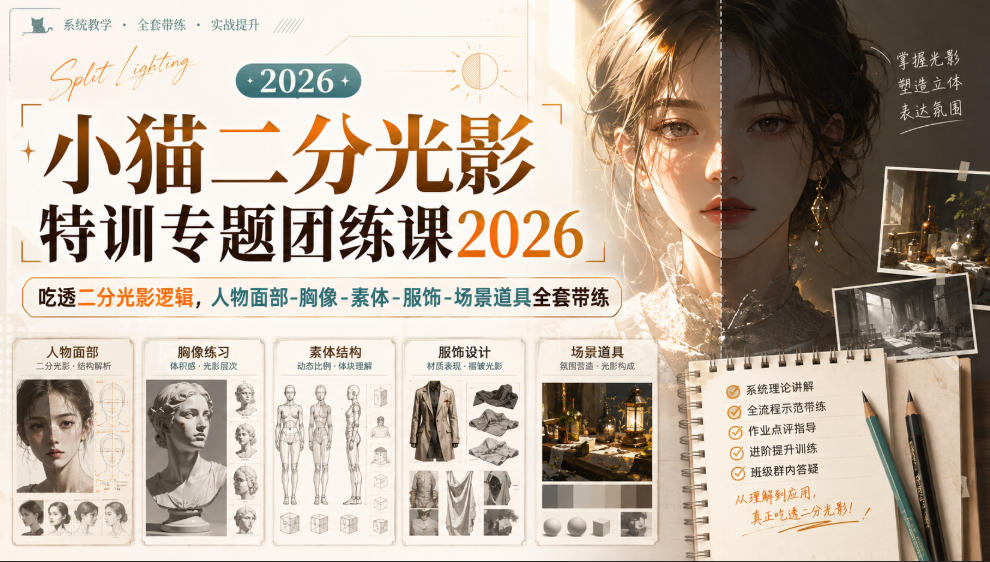 小猫二分光影特训专题团练课2026｜吃透二分光影逻辑，人物面部‑胸像‑素体‑服饰‑场景道具全套带练，高清画质附赠课件与笔刷-HFXZHAN网创