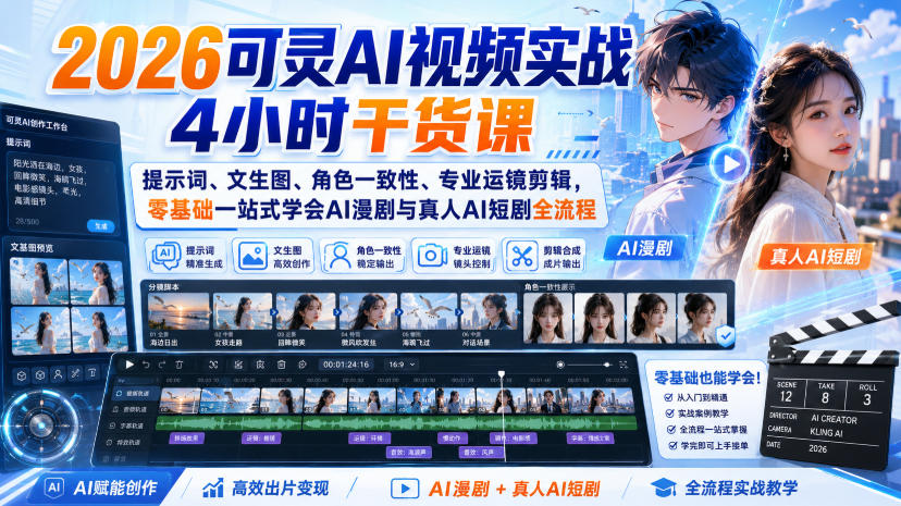 2026可灵AI视频实战4小时干货课｜提示词、文生图、角色一致性、专业运镜剪辑，零基础一站式学会AI漫剧与真人AI短剧全流程-HFXZHAN网创
