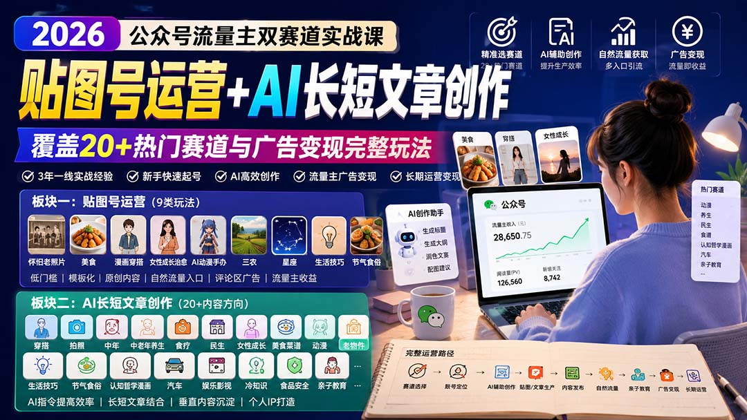 公众号流量主双赛道实战课：贴图号运营+AI长短文章创作，覆盖20+热门赛道与广告变现完整玩法-HFXZHAN网创