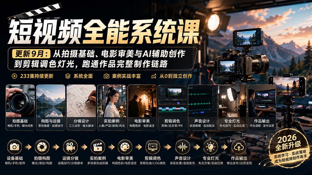 短视频全能系统课-更新8月233集：从拍摄基础、电影审美与AI辅助创作到剪辑调色灯光，跑通作品完整制作链路-HFXZHAN网创