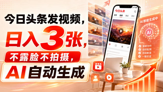 今日头条发视频，日入3张，不露脸不拍摄，AI自动生成-HFXZHAN网创