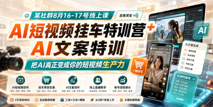 某社群8月16-17号线上课，AI短视频挂车特训营+AI文案特训，把AI真正变成你的短视频生产力-HFXZHAN网创