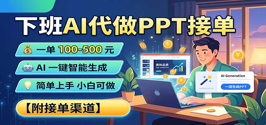 下班AI代做PPT接单，一单100-500，AI一键生成，小白也能做，附接单渠道-HFXZHAN网创