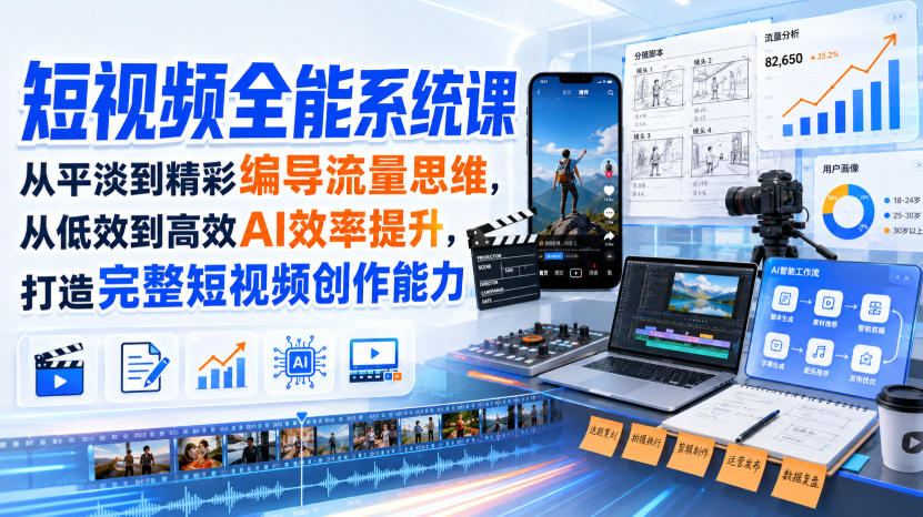 短视频全能系统课，从平淡到精彩编导流量思维，从低效到高效AI效率提升，打造完整短视频创作能力(2026年8月30更新233集)-HFXZHAN网创
