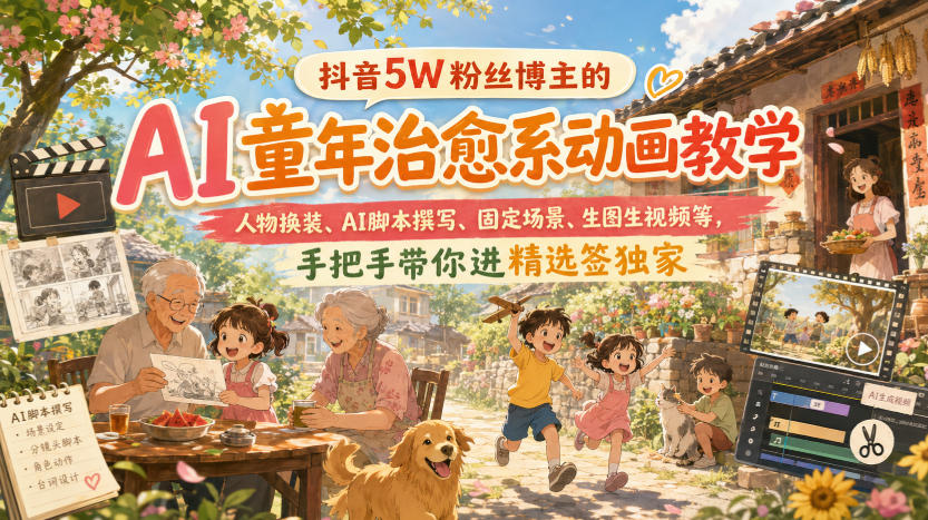 抖音5W粉丝博主的AI童年治愈系动画教学，人物换装、AI脚本撰写、固定场景、生图生视频等，手把手带你进精选签独家-HFXZHAN网创
