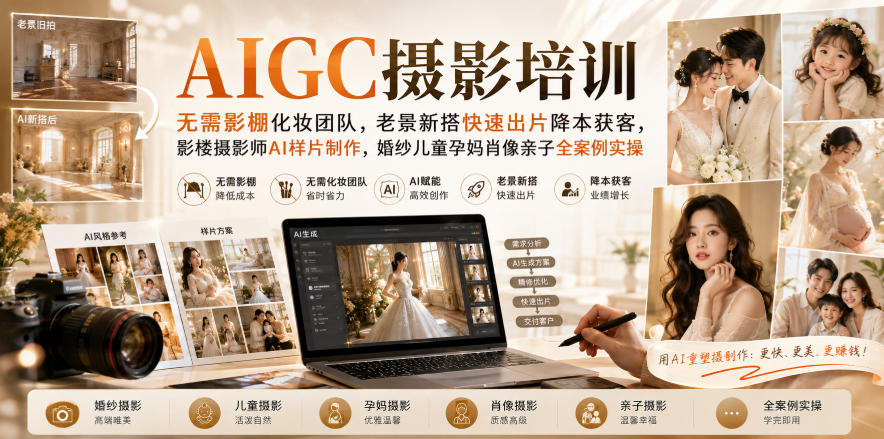 AIGC摄影培训｜无需影棚化妆团队，老景新搭快速出片降本获客，影楼摄影师AI样片制作，婚纱儿童孕妈肖像亲子全案例实操-HFXZHAN网创