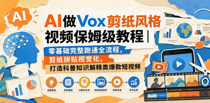 AI做Vox剪纸风格视频保姆级教程｜零基础完整跑通全流程，剪纸拼贴视觉化，打造科普知识解释类爆款短视频-HFXZHAN网创