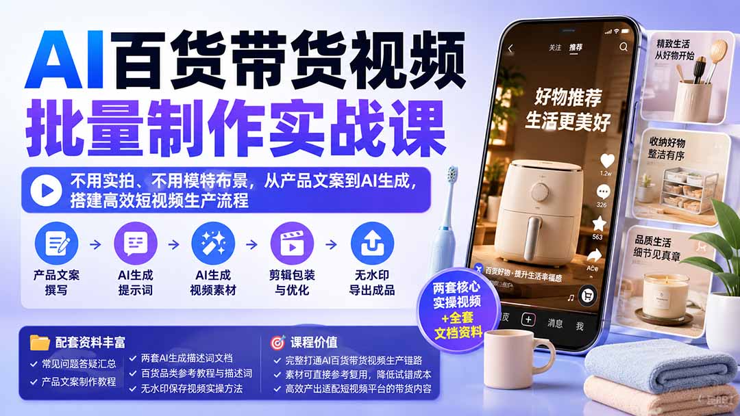 AI百货带货视频批量制作实战课：不用实拍、不用模特布景，从产品文案到AI生成，搭建高效短视频生产流程-HFXZHAN网创