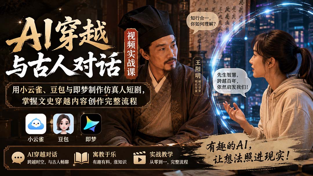 AI穿越与古人对话视频实战课：用小云雀、豆包与即梦制作仿真人短剧，掌握文史穿越内容创作完整流程-HFXZHAN网创