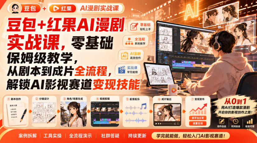豆包+红果AI漫剧实战课，零基础保姆级教学，从剧本到成片全流程，解锁AI影视赛道变现技能-HFXZHAN网创