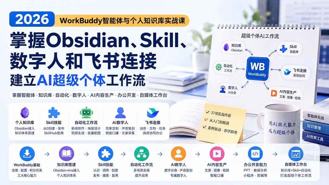 2026 WorkBuddy智能体与个人知识库实战课：掌握Obsidian、Skill、数字人和飞书连接，建立AI超级个体工作流-HFXZHAN网创