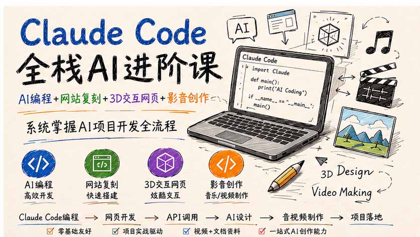Claude Code全栈AI进阶课-更新；AI编程+网站复刻+3D交互网页+影音创作，系统掌握AI项目开发全流程-HFXZHAN网创