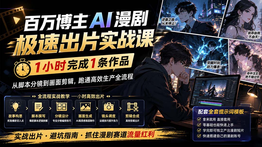 百万博主AI漫剧极速出片实战课：1小时产出条作品，从脚本分镜到画面剪辑，跑通高效生产全流程-HFXZHAN网创