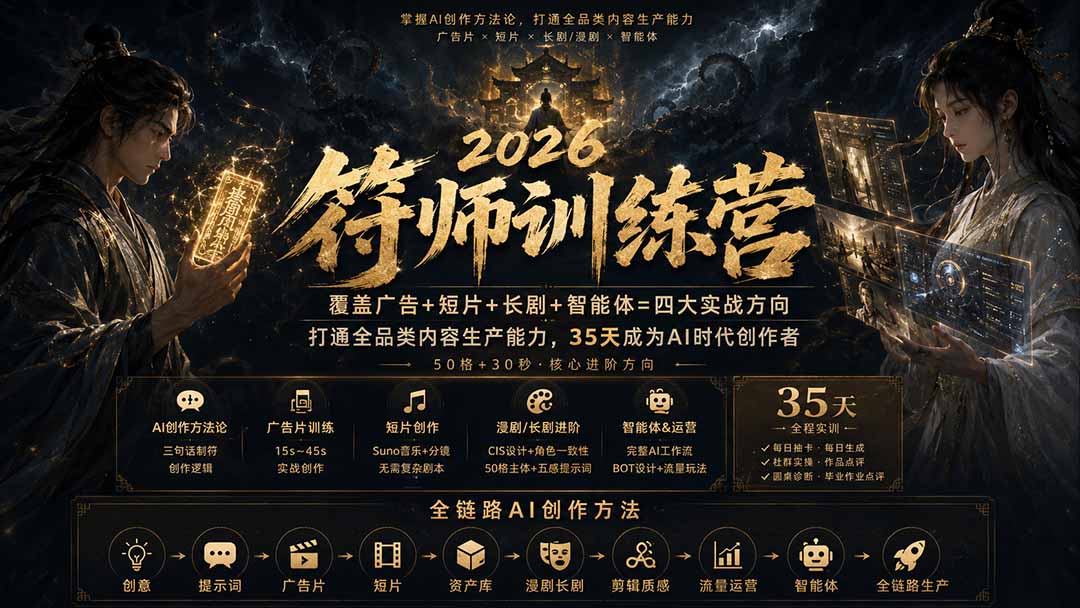 符师训练营-35天成为AI时代创作者，广告+短片+漫剧+智能体四大实战方向，掌握从创意到上线的完整工作流-HFXZHAN网创