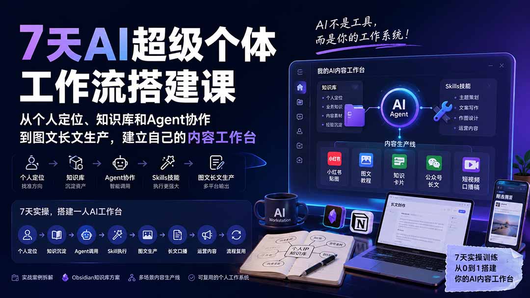 7天AI超级个体工作流搭建课：从个人定位、知识库和Agent协作到图文长文生产，建立自己的内容工作台-HFXZHAN网创