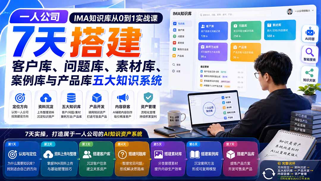 一人公司IMA知识库从0到1实战课：7天搭建客户库、问题库、素材库、案例库与产品库五大知识系统-HFXZHAN网创