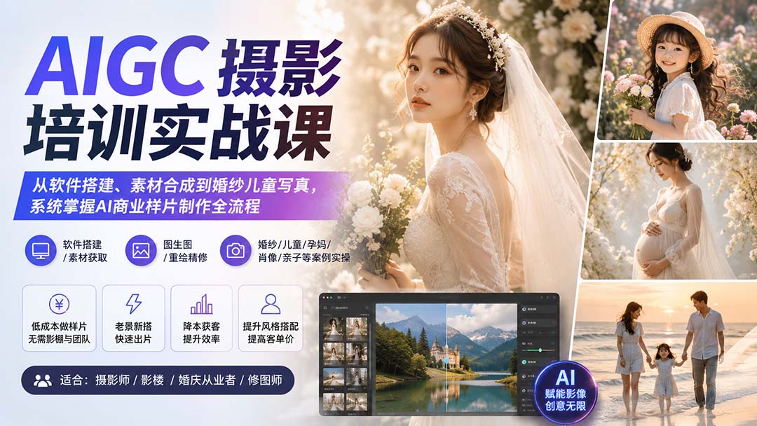 AIGC摄影培训实战课：从软件搭建、素材合成到婚纱儿童写真，系统掌握AI商业样片制作全流程-HFXZHAN网创