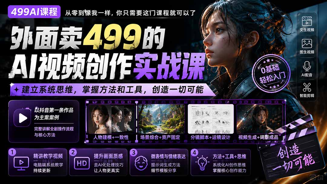 外面卖499的AI视频创作实战课：建立系统思维，掌握方法和工具，创造一切可能。-HFXZHAN网创