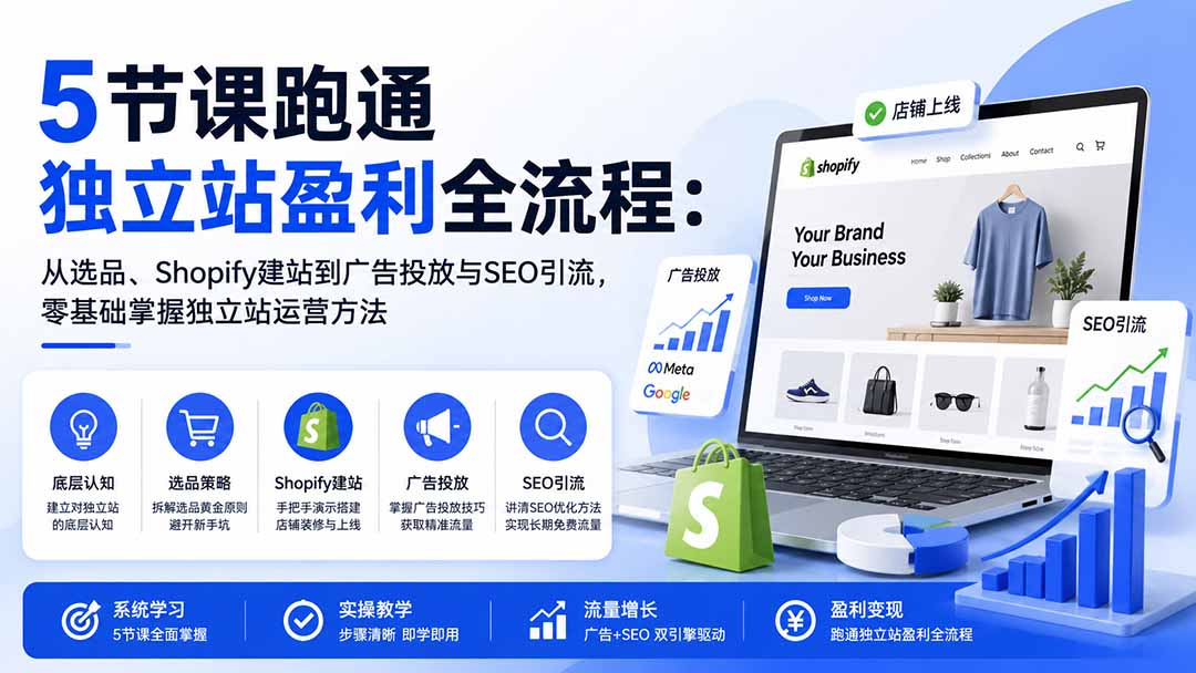 5节课跑通独立站盈利全流程：从选品、Shopify建站到广告投放与SEO引流，零基础掌握独立站运营方法-HFXZHAN网创