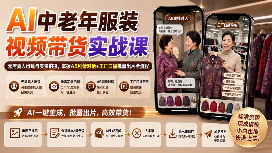 AI中老年服装视频带货实战课：无需真人出镜与实景拍摄，掌握AB剧情对话+工厂口播批量出片全流程-HFXZHAN网创