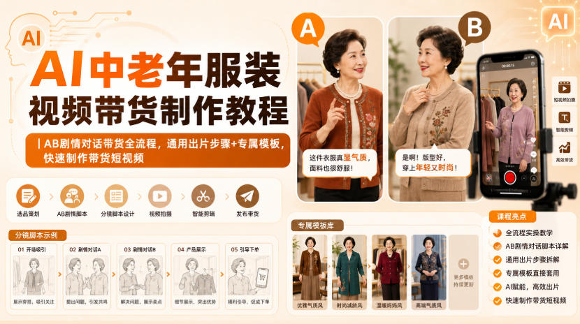 AI中老年服装视频带货制作教程｜AB剧情对话带货全流程，通用出片步骤+专属模板，快速制作带货短视频-HFXZHAN网创