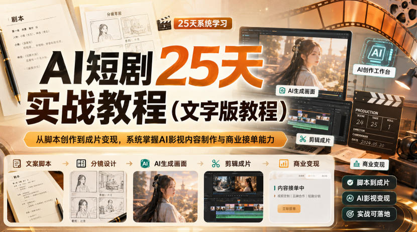 AI短剧25天实战教程(文字版教程)，从脚本创作到成片变现，系统掌握AI影视内容制作与商业接单能力-HFXZHAN网创