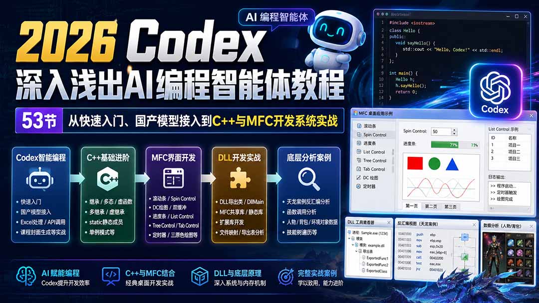 2026 Codex深入浅出AI编程智能体教程：53节从快速入门、国产模型接入到C++与MFC开发系统实战-HFXZHAN网创