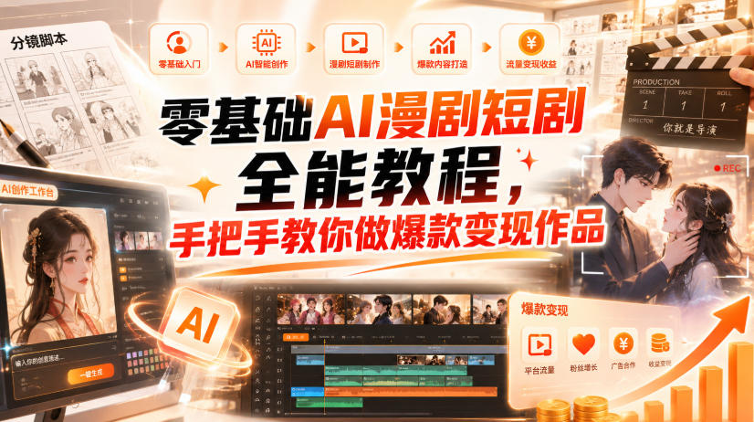 零基础AI漫剧短剧全能教程，从AI智能体搭建、文案脚本分镜、多平台AI生视频、剪映精修，覆盖全题材创作，手把手教你做爆款变现作品-HFXZHAN网创