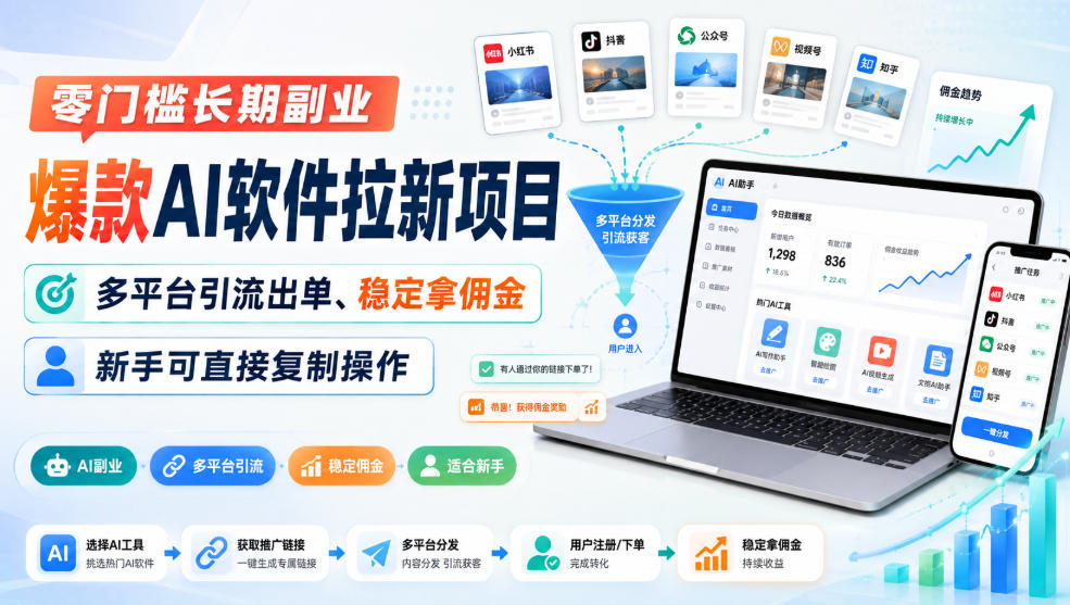 零门槛长期副业，爆款AI软件拉新项目，多平台引流出单、稳定拿佣金，新手可直接复制操作-HFXZHAN网创