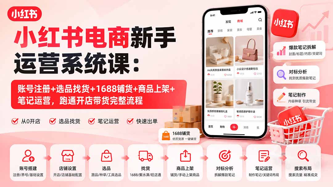 小红书电商新手运营系统课：账号注册+选品找货+1688铺货+商品上架+笔记运营，跑通开店带货完整流程-HFXZHAN网创