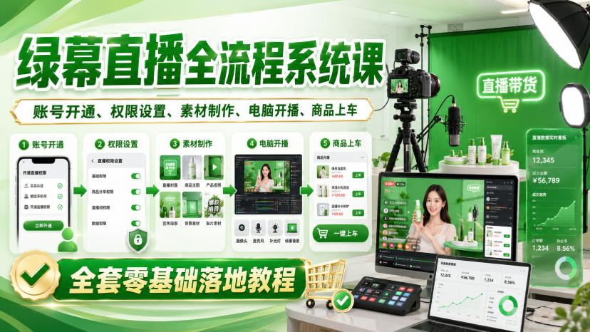 绿幕直播全流程系统课，账号开通、权限设置、素材制作、电脑开播、商品上车全套零基础落地教程-HFXZHAN网创