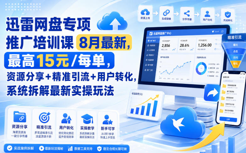 迅雷网盘专项推广培训课8月最新，最高15米/每单，资源分享+精准引流+用户转化，系统拆解最新实操玩法(更新0903)-HFXZHAN网创