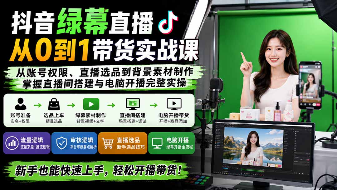 抖音绿幕直播从0到1带货实战课：从账号权限、直播选品到背景素材制作，掌握直播间搭建与电脑开播完整实操-HFXZHAN网创