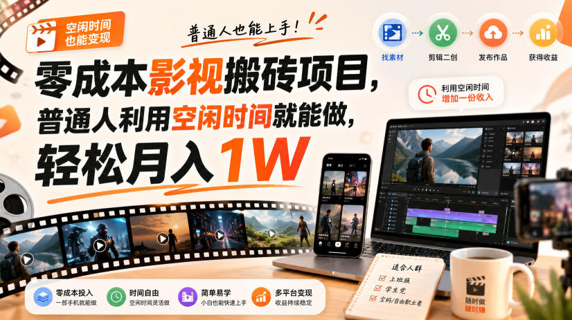 零门槛影视搬砖项目，月入万元，玩法稳定普通人可落地的长期副业！-HFXZHAN网创