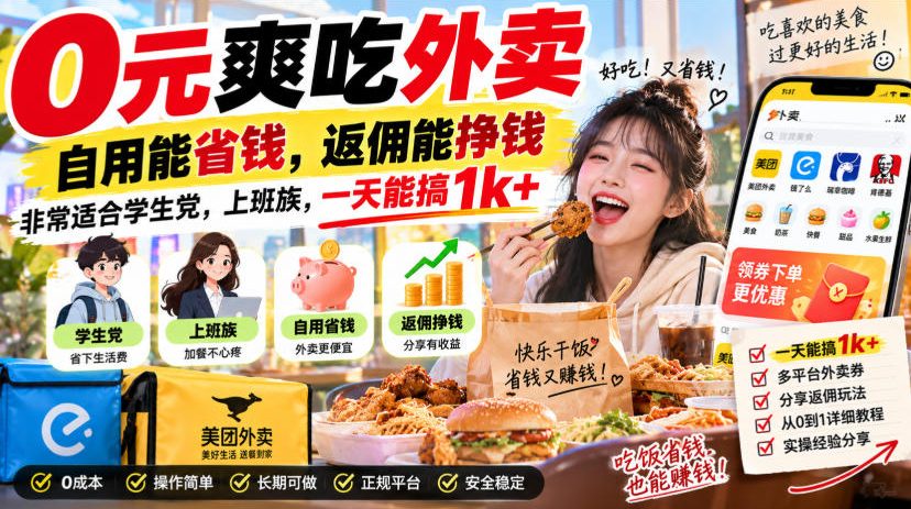 0元爽吃外卖，自用能省钱，返佣能挣钱，非常适合学生党，上班族，一天能搞1k+-HFXZHAN网创